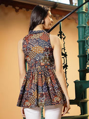 Stylum Women's Multicolor Ethnic Printed Cotton Shirt Collar Top (TOPMULTIKAJOL)