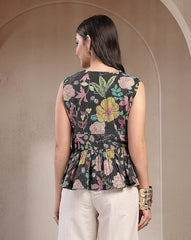Stylum Women's Black Floral Printed Katha Cotton Peplum Tops (TOPMULTIMUMBA)