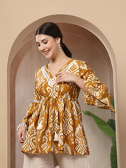 Stylum Women's Mustard Ikkat Printed Cotton Empire Top (TOPMUSTARDHUMMUS)
