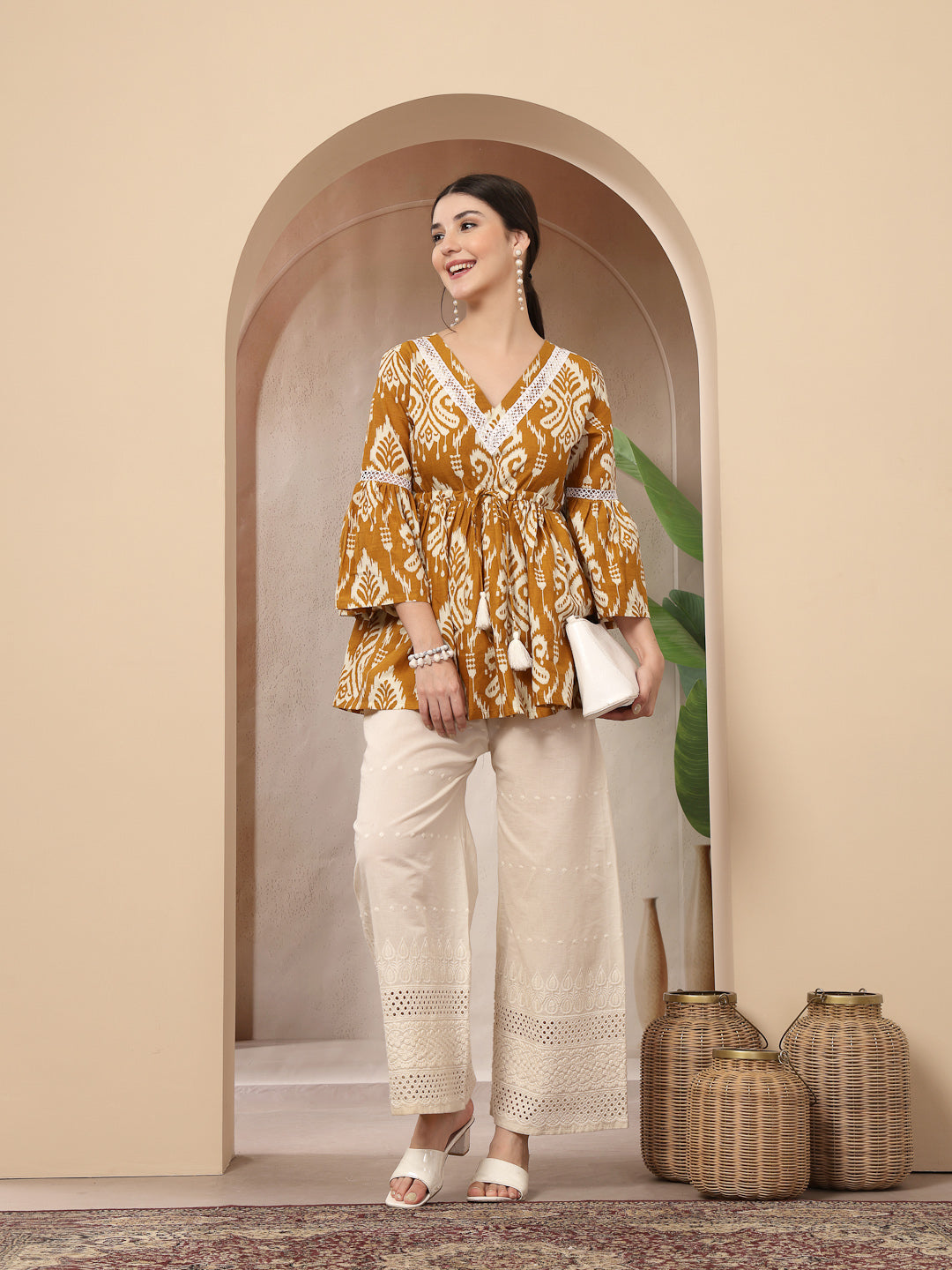 Stylum Women's Mustard Ikkat Printed Cotton Empire Top (TOPMUSTARDHUMMUS)