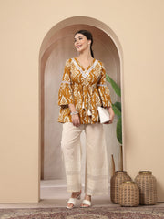 Stylum Women's Mustard Ikkat Printed Cotton Empire Top (TOPMUSTARDHUMMUS)