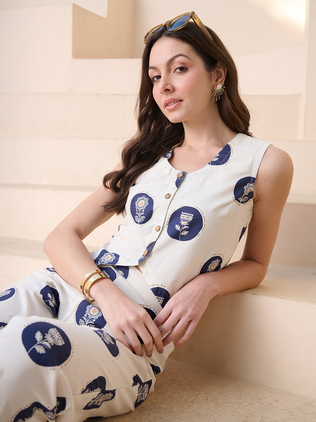 Women's Navy Blue Floral Printed Cotton Flex Peplum Top (TOPNAVYBOMB) 