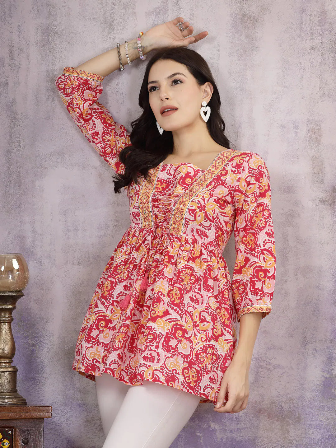 Pink Floral Cotton Peplum Top | Women's Indian Top Short Kurtis