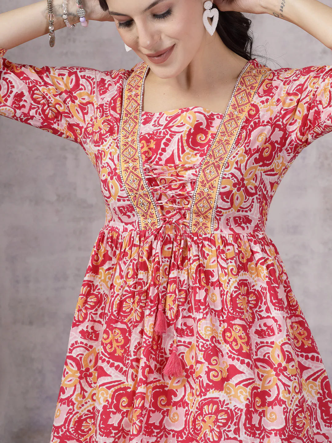 Pink Floral Cotton Peplum Top | Women's Indian Top Short Kurtis