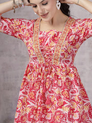 Women's Floral Printed Cotton Peplum Top-TOPPINKPLASAMA