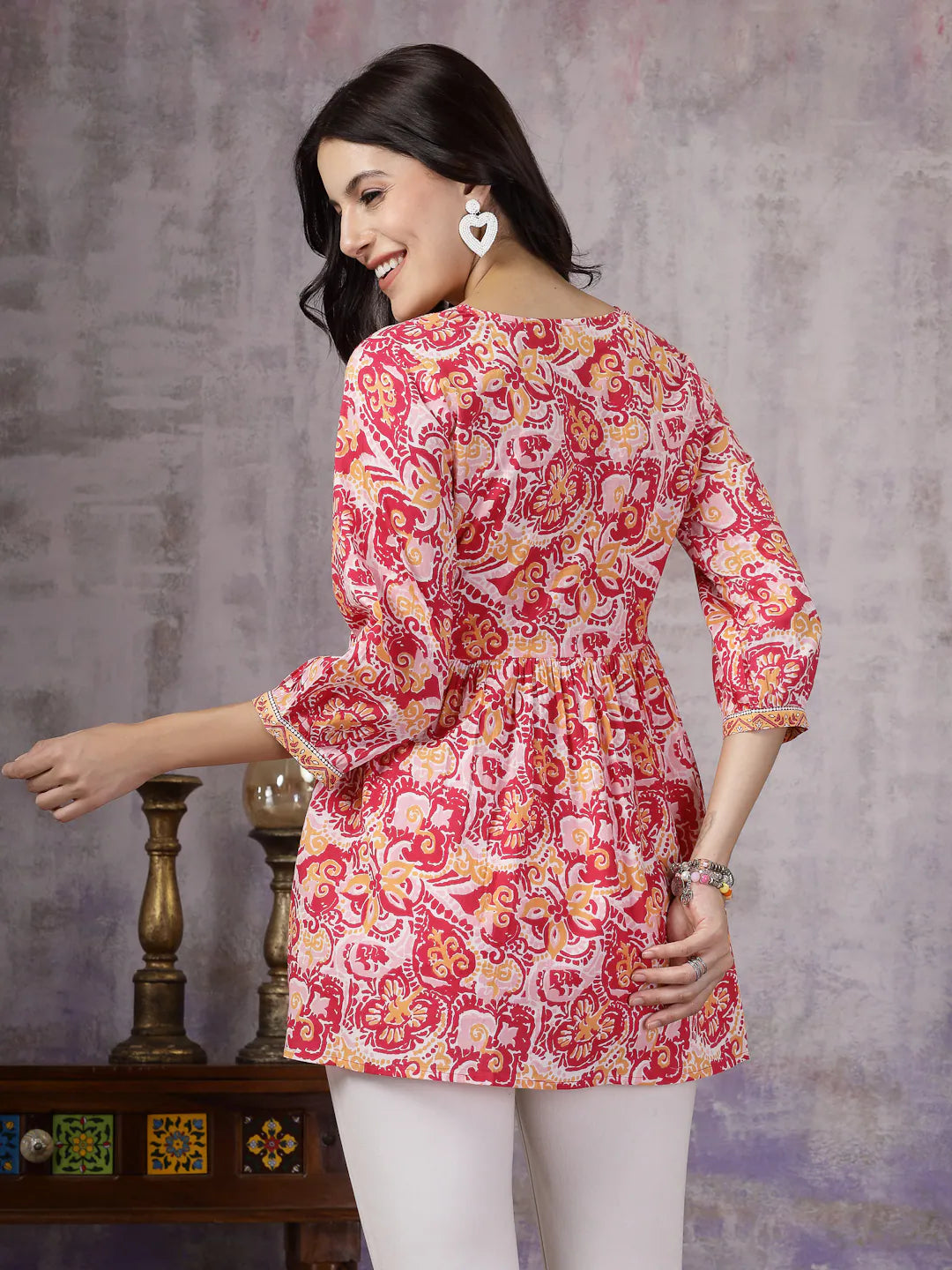 Pink Floral Cotton Peplum Top | Women's Indian Top Short Kurtis