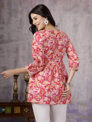 Women's Floral Printed Cotton Peplum Top-TOPPINKPLASAMA