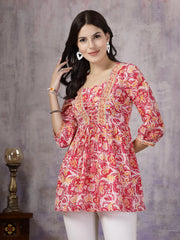 Women's Floral Printed Cotton Peplum Top-TOPPINKPLASAMA