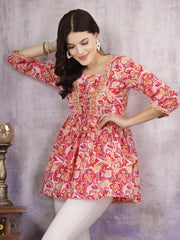 Women's Floral Printed Cotton Peplum Top-TOPPINKPLASAMA