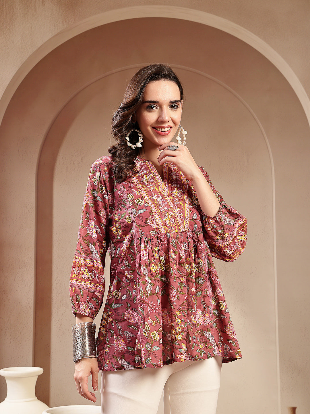 Women's Pink Floral Printed Cotton Empire Top (TOPPINKRAAGI) | DesiQlo