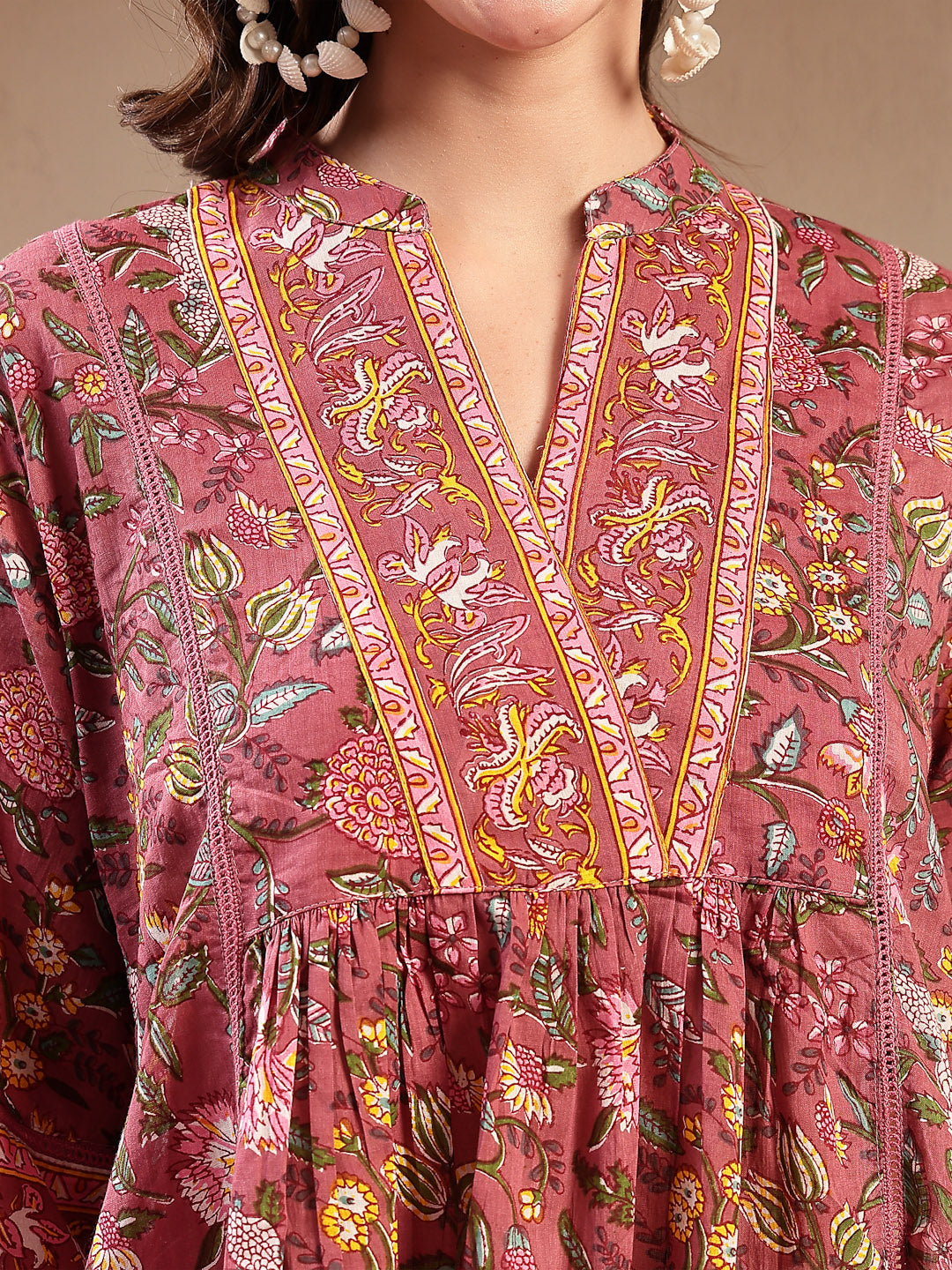 Women's Pink Floral Printed Cotton Empire Top (TOPPINKRAAGI) | DesiQlo