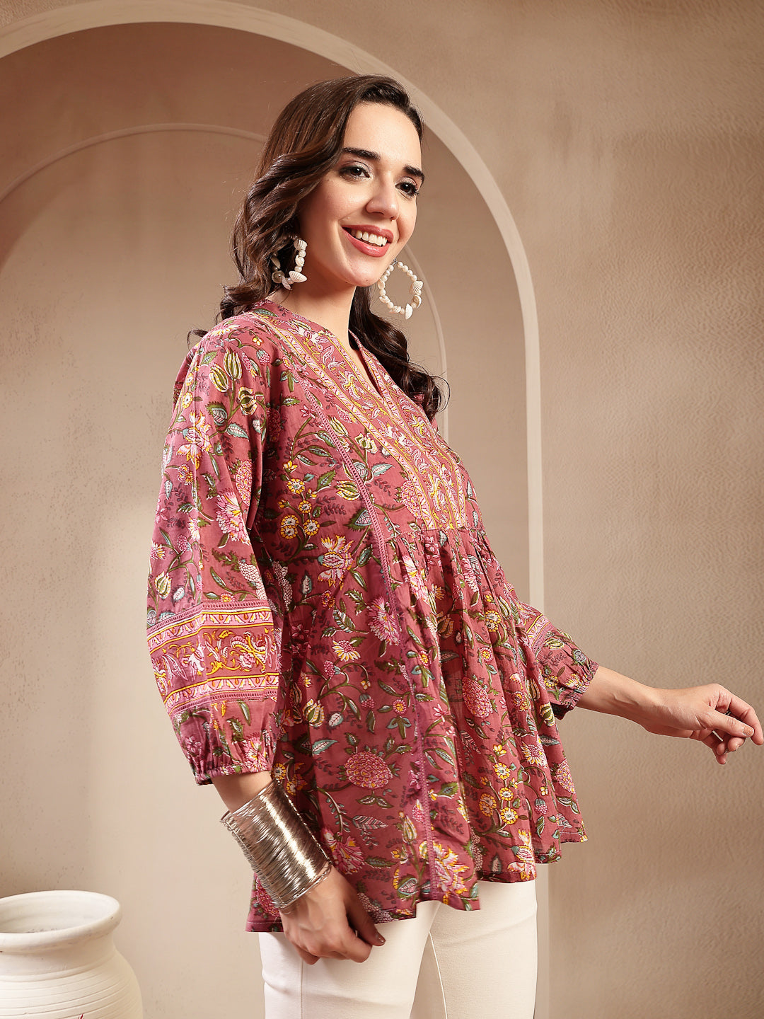 Women's Pink Floral Printed Cotton Empire Top (TOPPINKRAAGI) | DesiQlo