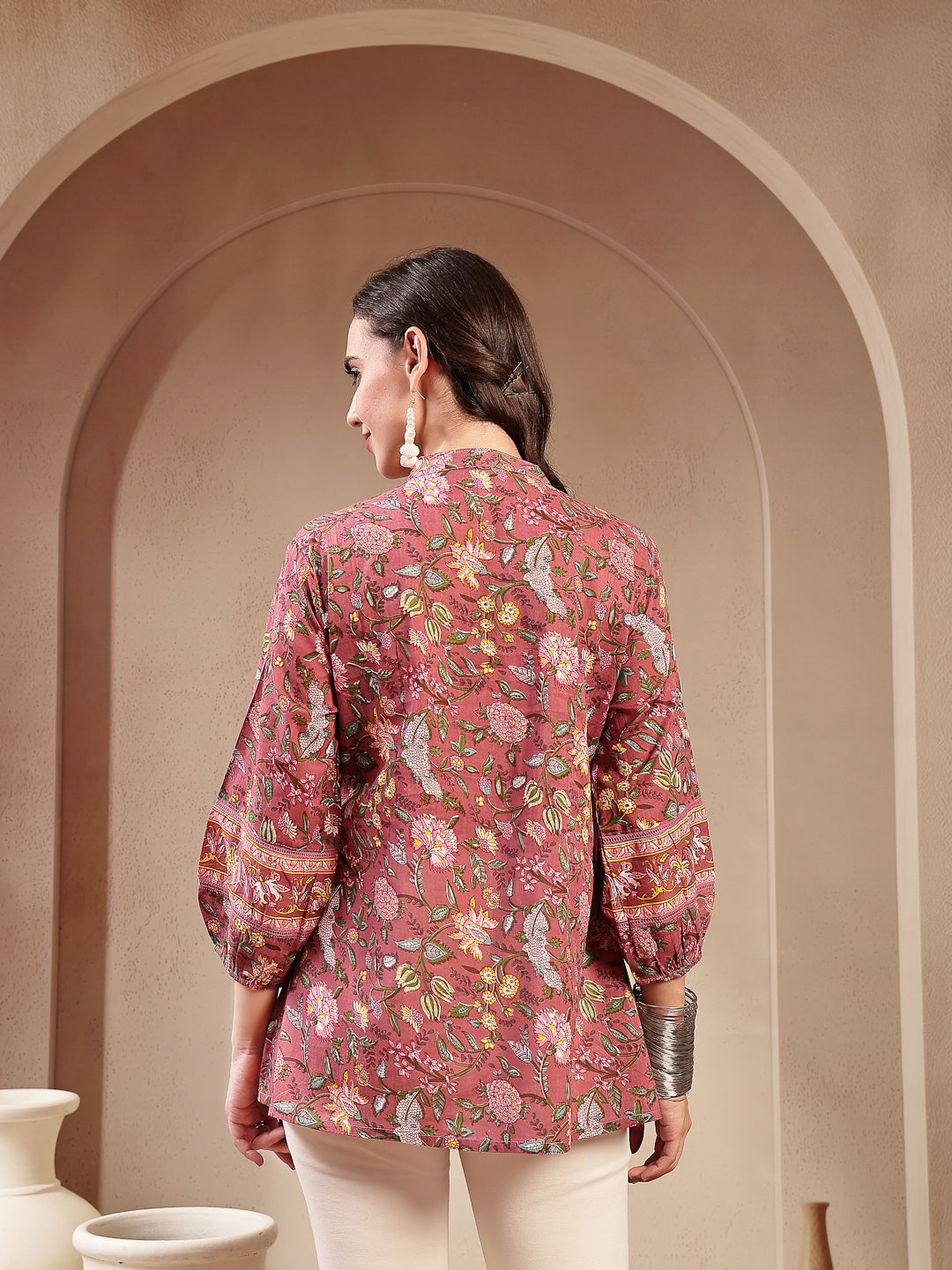 Women's Pink Floral Printed Cotton Empire Top (TOPPINKRAAGI) | DesiQlo
