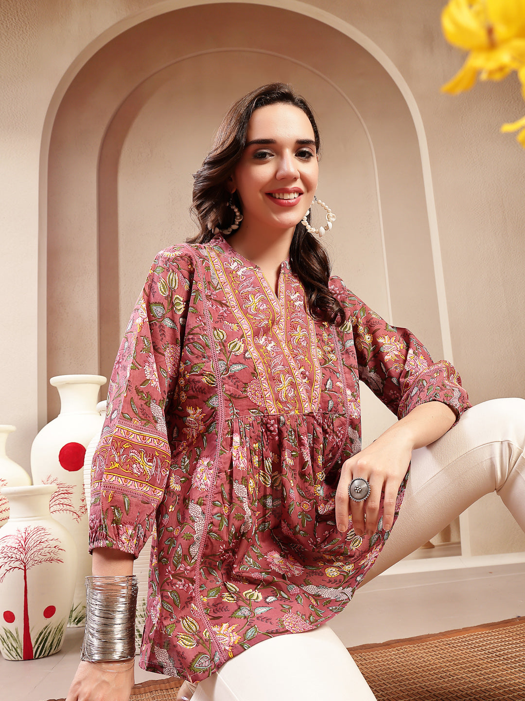 Women's Pink Floral Printed Cotton Empire Top (TOPPINKRAAGI) | DesiQlo
