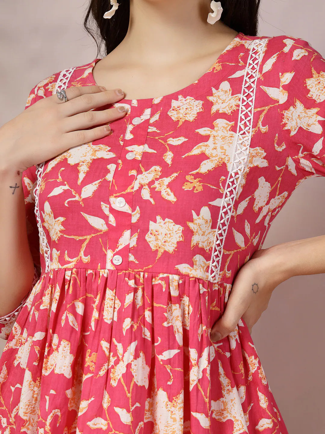 Pink Floral Indian Top: Cotton Peplum Short Kurtis for Women