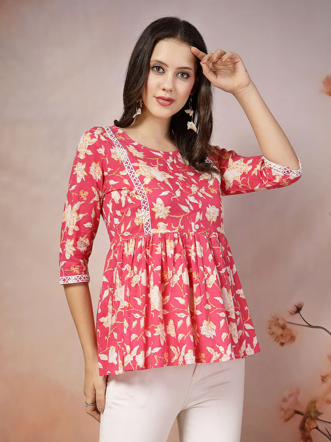 Pink Floral Indian Top: Cotton Peplum Short Kurtis for Women