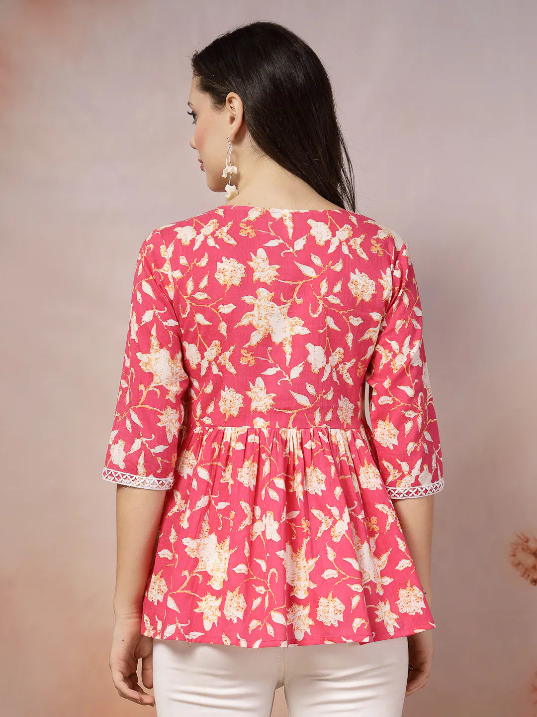 Pink Floral Indian Top: Cotton Peplum Short Kurtis for Women
