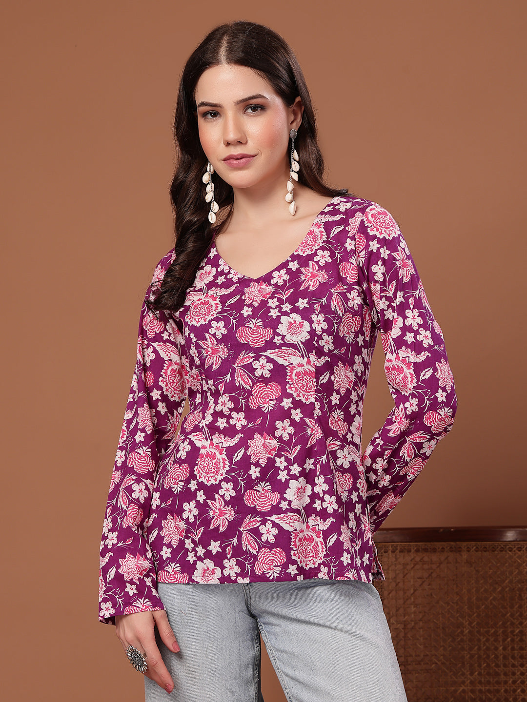 Women's Purple Floral Printed Cotton Straight Top (TOPPURPLEFIAMA) | D