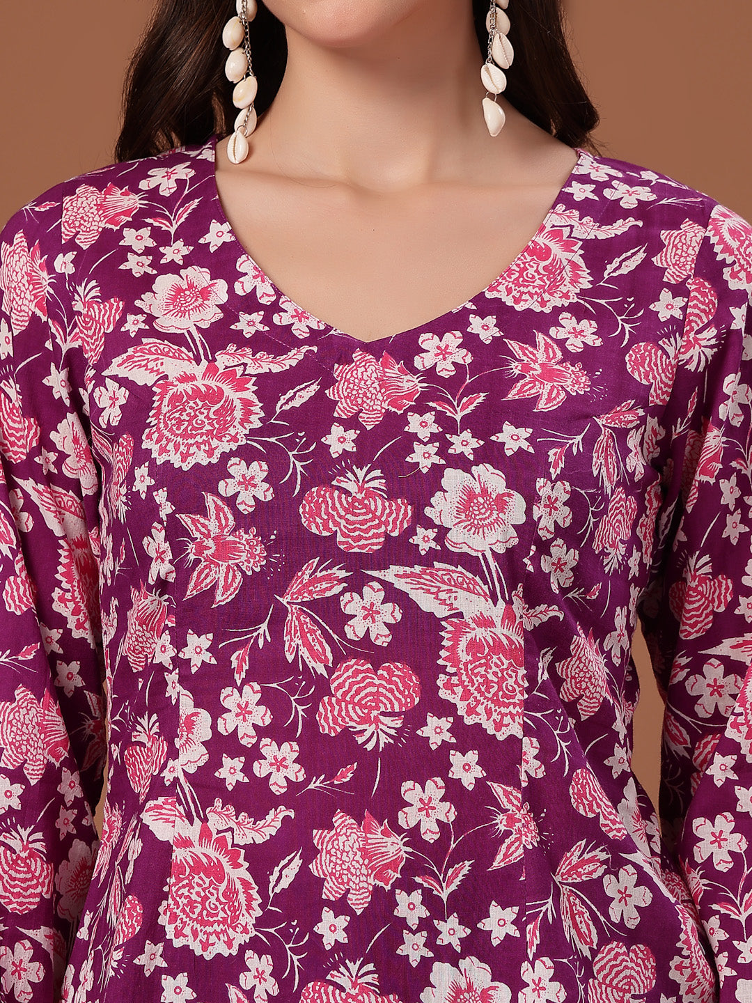 Women's Purple Floral Printed Cotton Straight Top (TOPPURPLEFIAMA) | D
