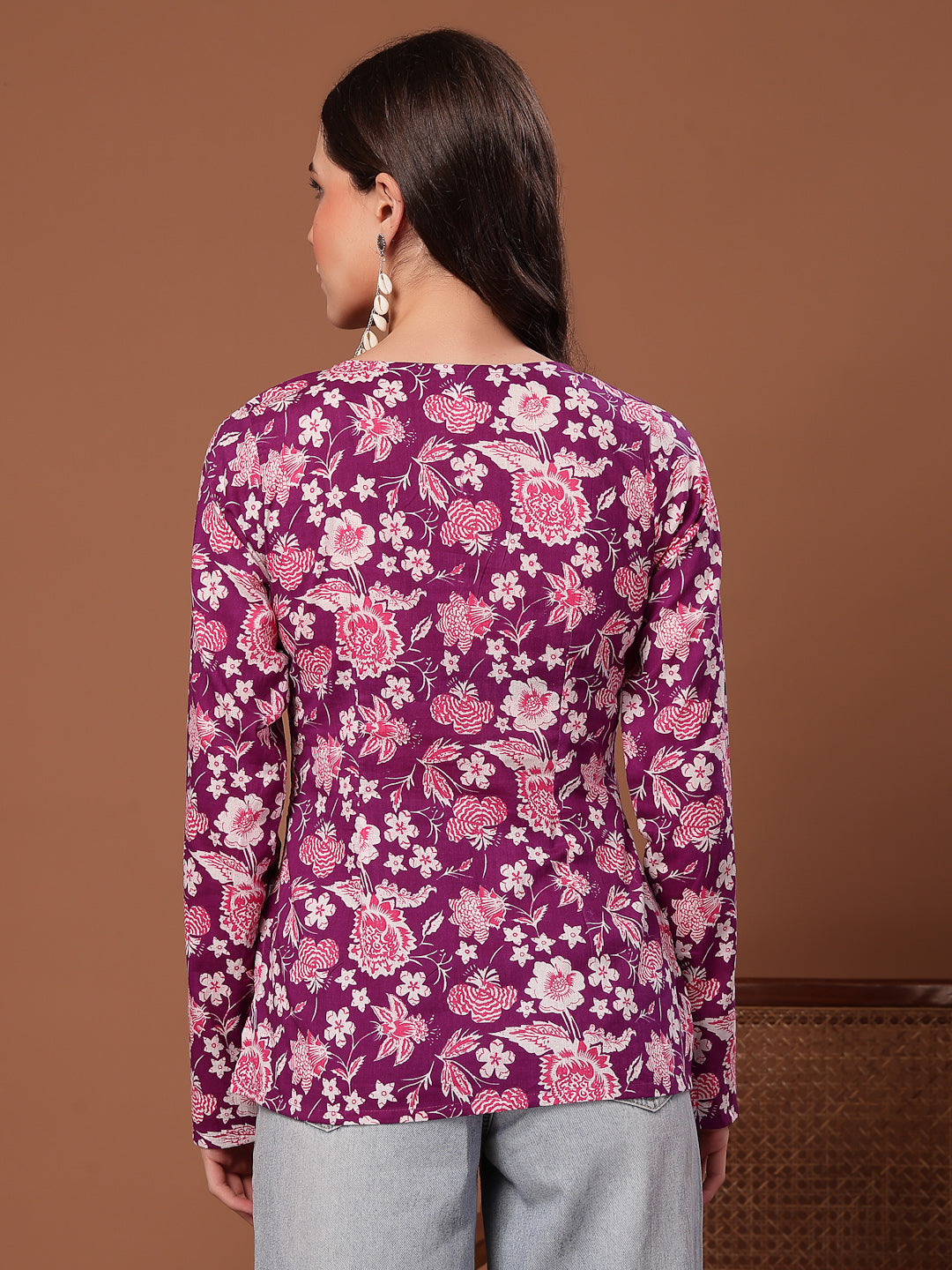 Women's Purple Floral Printed Cotton Straight Top (TOPPURPLEFIAMA) | D