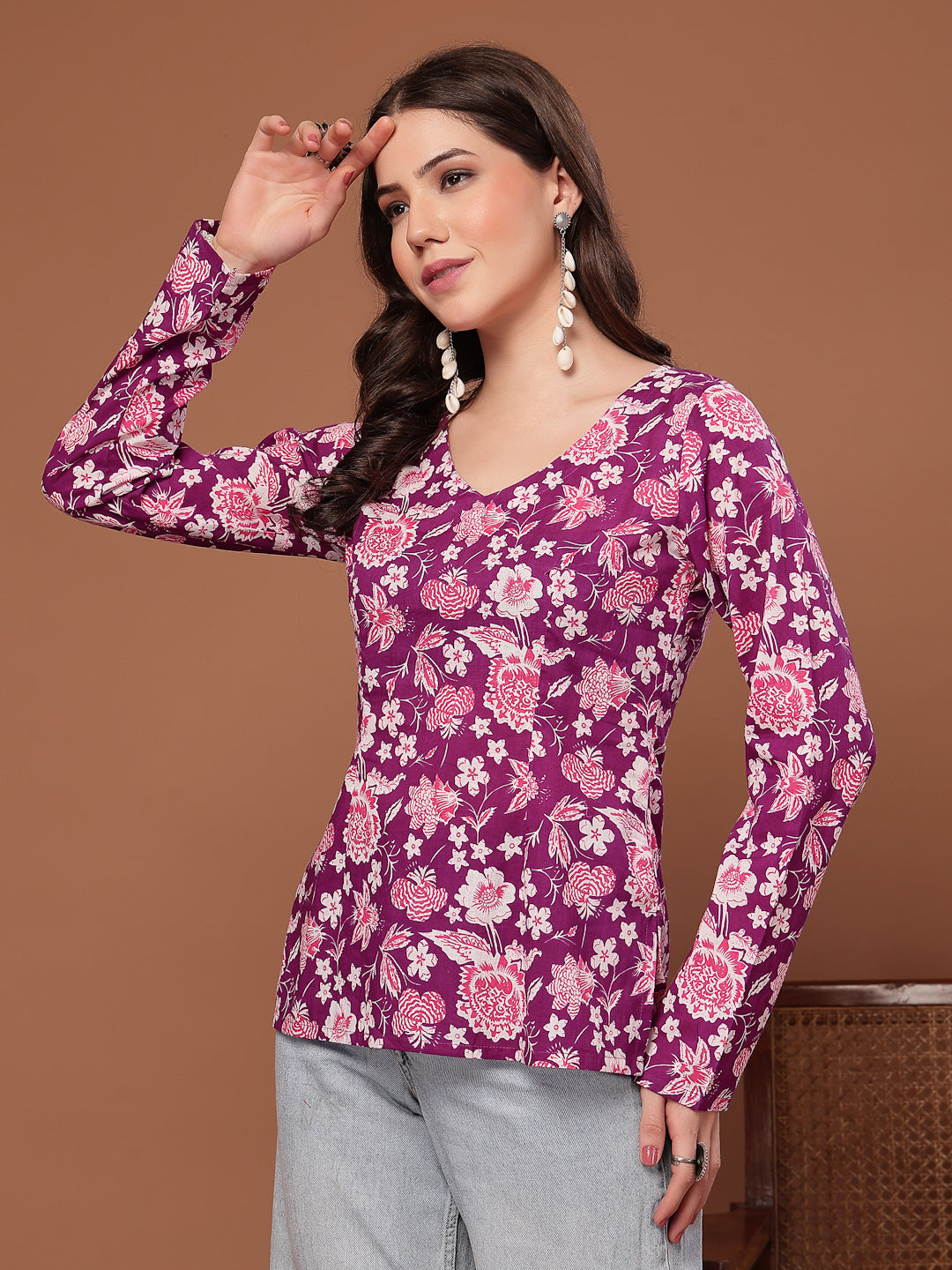 Women's Purple Floral Printed Cotton Straight Top (TOPPURPLEFIAMA) | D