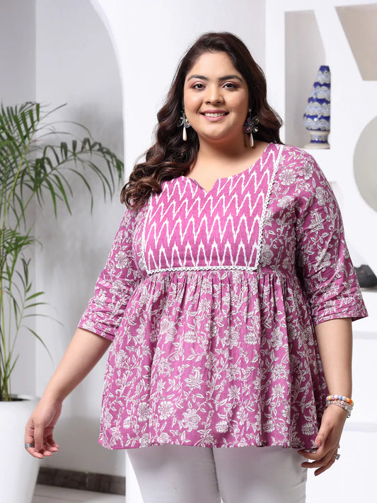 Plus Size Women Floral Printed Cotton Peplum Top-TOPPURPLEHAZELPLUS 1080