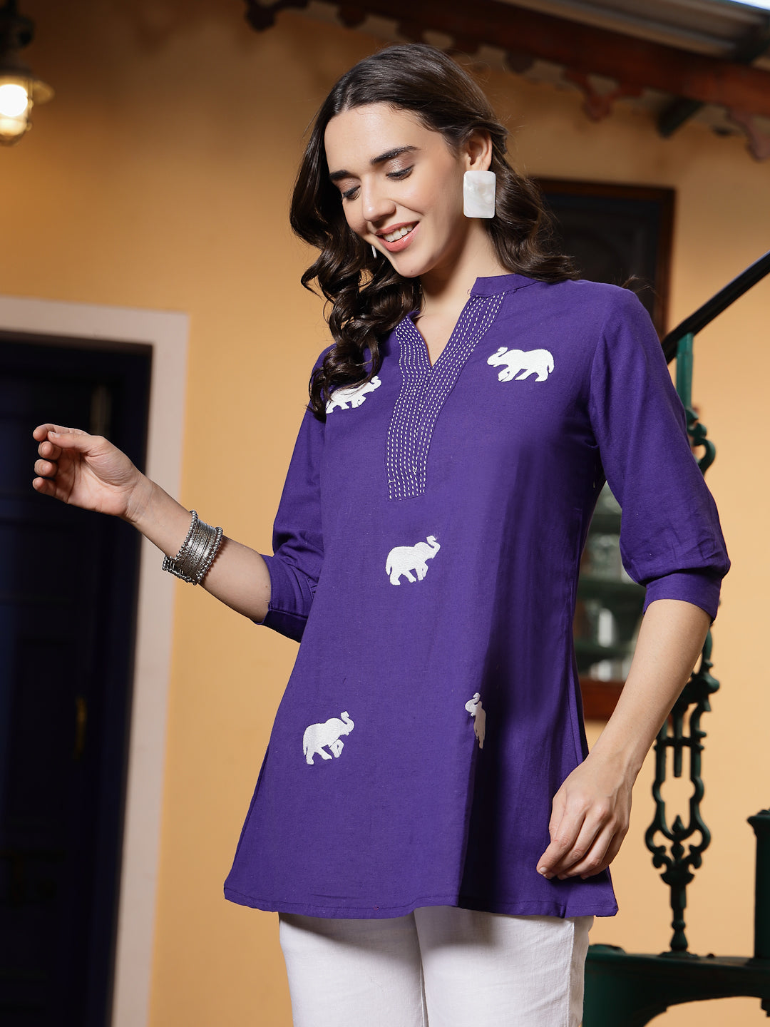 Women's Purple Solid Cotton Flex Top (TOPPURPLEHIPPO) | DesiQlo