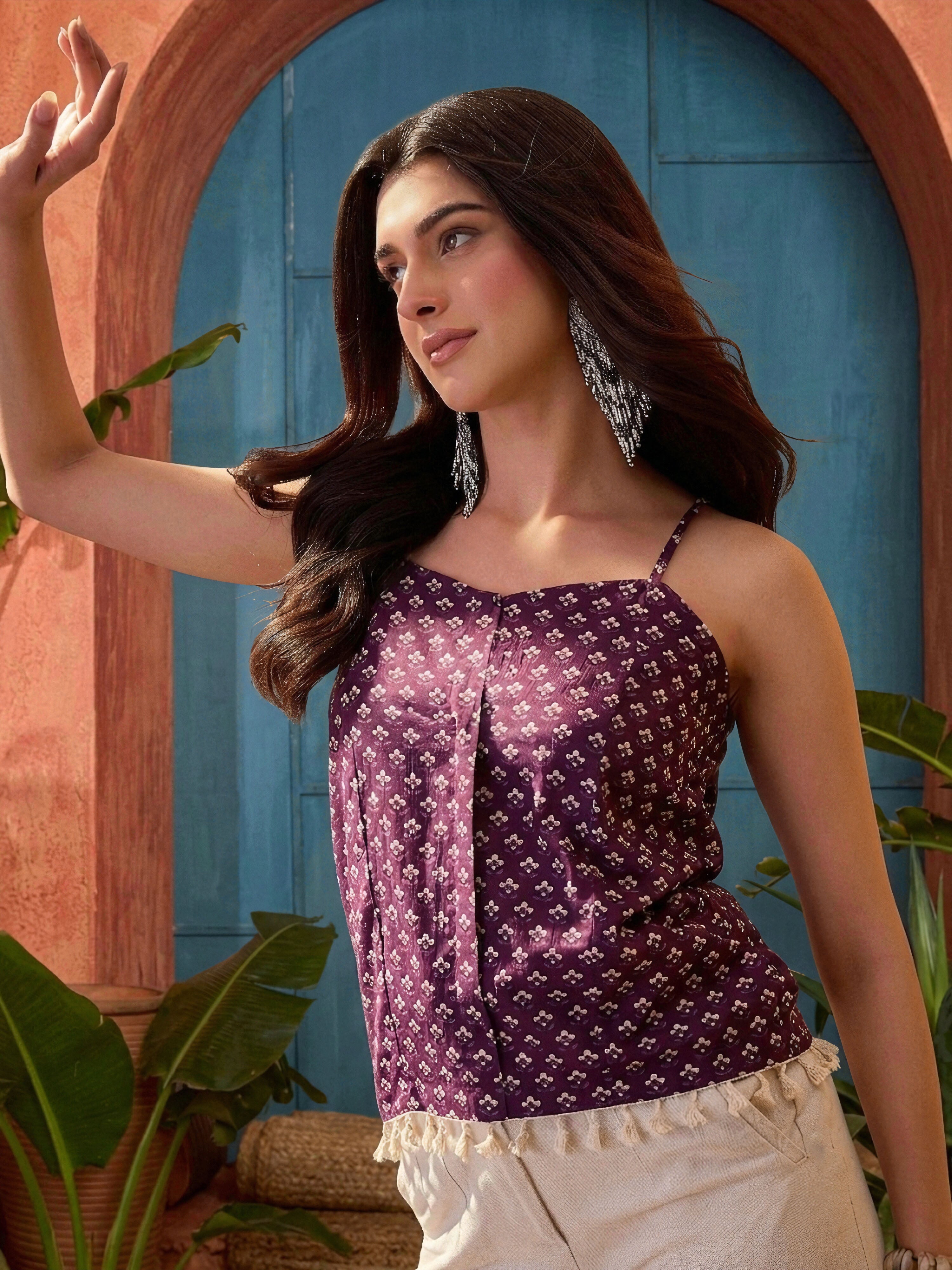 Women's Purple Buti Printed Cotton Straight Top (TOPPURPLESUNHARI) | D