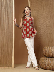 Stylum Women's Red Ethnic Printed Cotton Straight Top (TOPREDBUZZ)