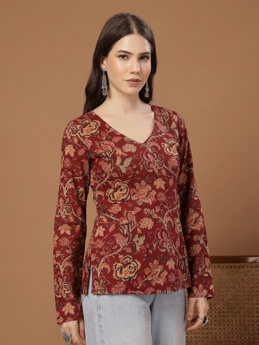 Stylum Women's Red Floral Printed Cotton Straight Top (TOPREDKRISH)