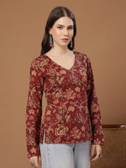 Stylum Women's Red Floral Printed Cotton Straight Top (TOPREDKRISH)