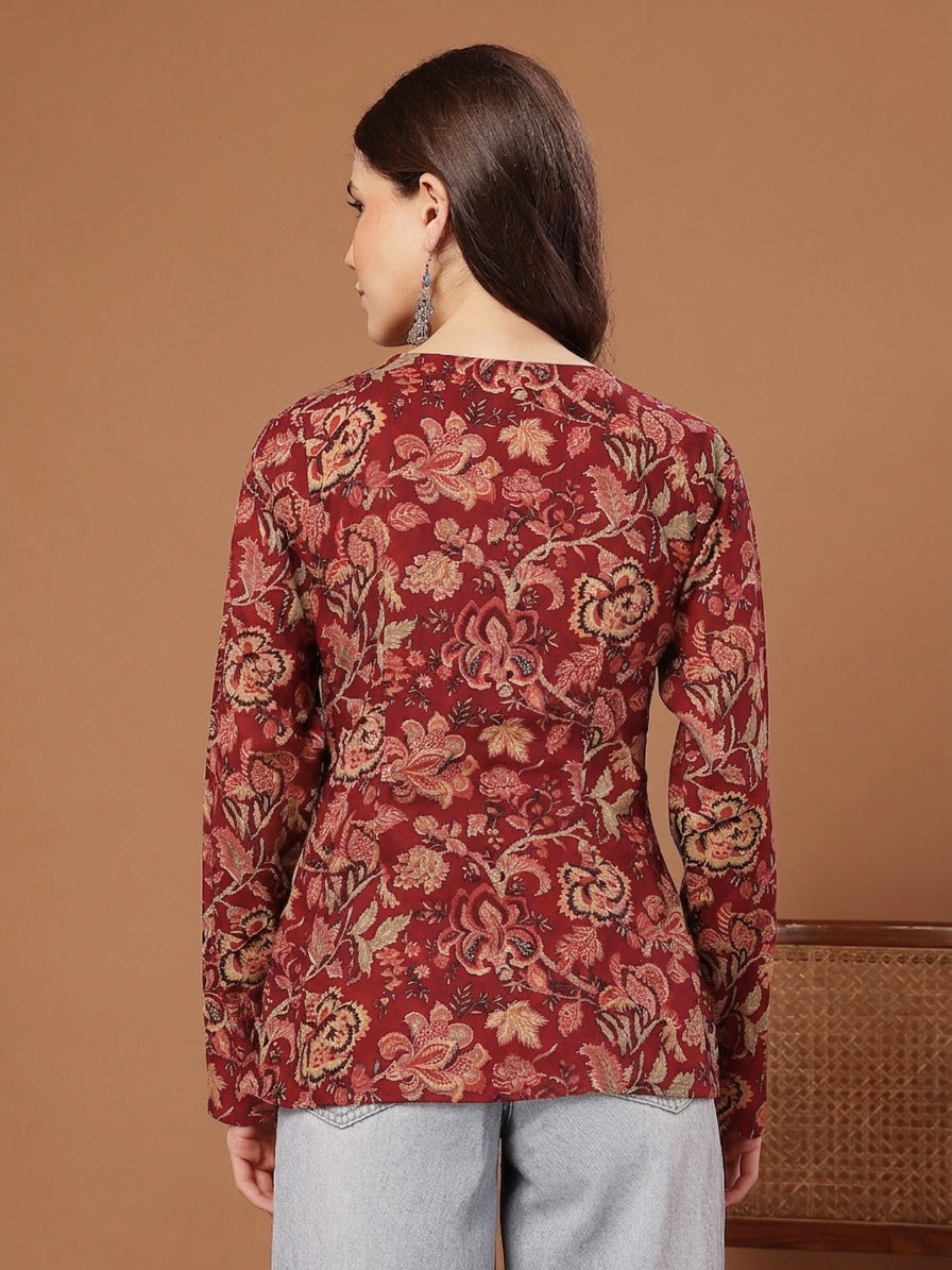 Stylum Women's Red Floral Printed Cotton Straight Top (TOPREDKRISH)