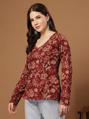 Stylum Women's Red Floral Printed Cotton Straight Top (TOPREDKRISH)