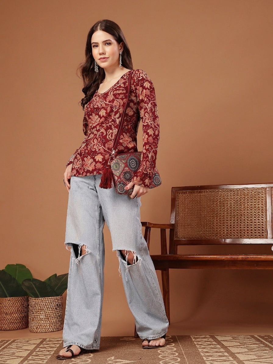 Stylum Women's Red Floral Printed Cotton Straight Top (TOPREDKRISH)