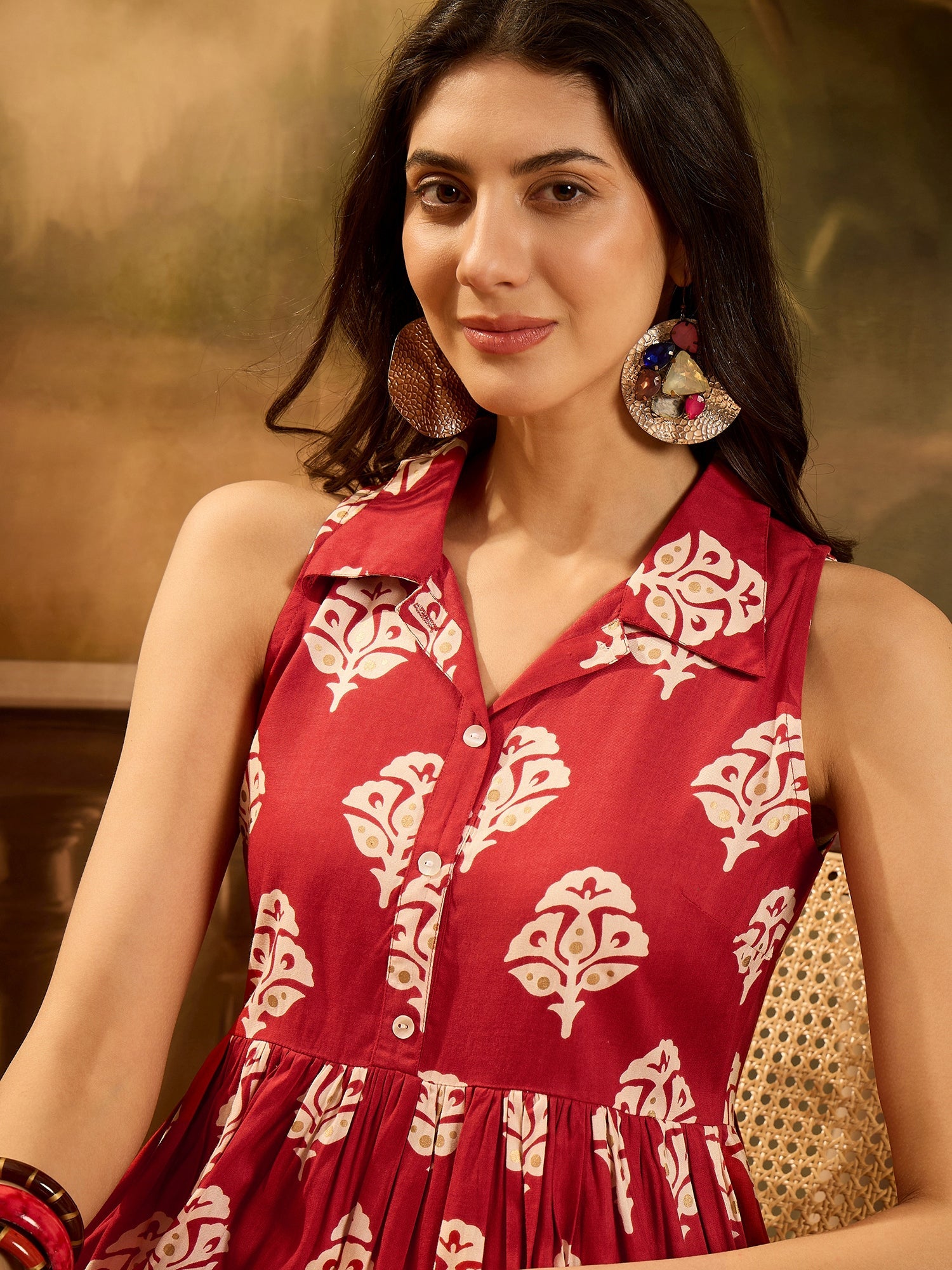 Women's Red Ethnic Printed Rayon Peplum Top (TOPREDLATTU) | DesiQlo