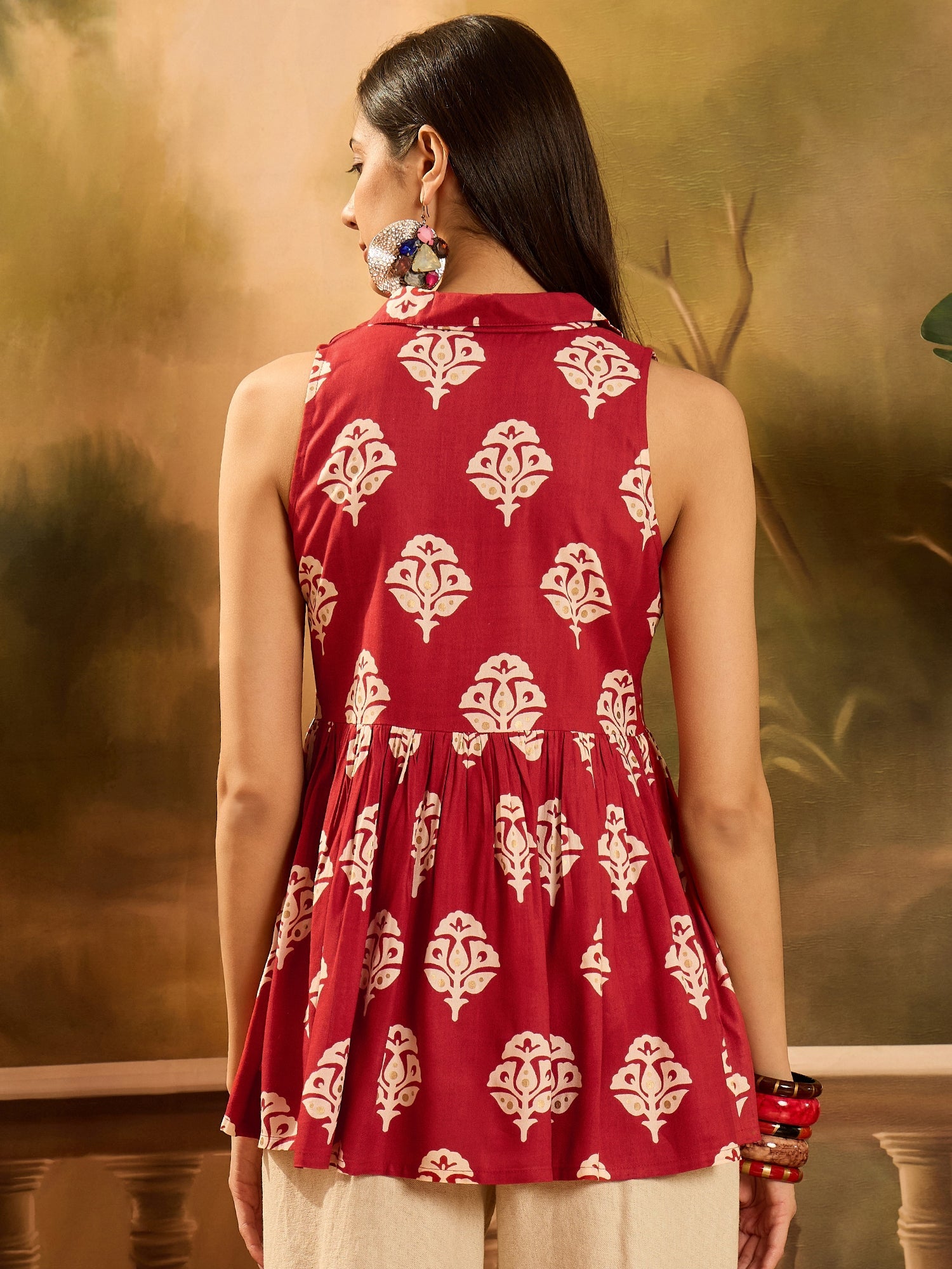 Women's Red Ethnic Printed Rayon Peplum Top (TOPREDLATTU) | DesiQlo