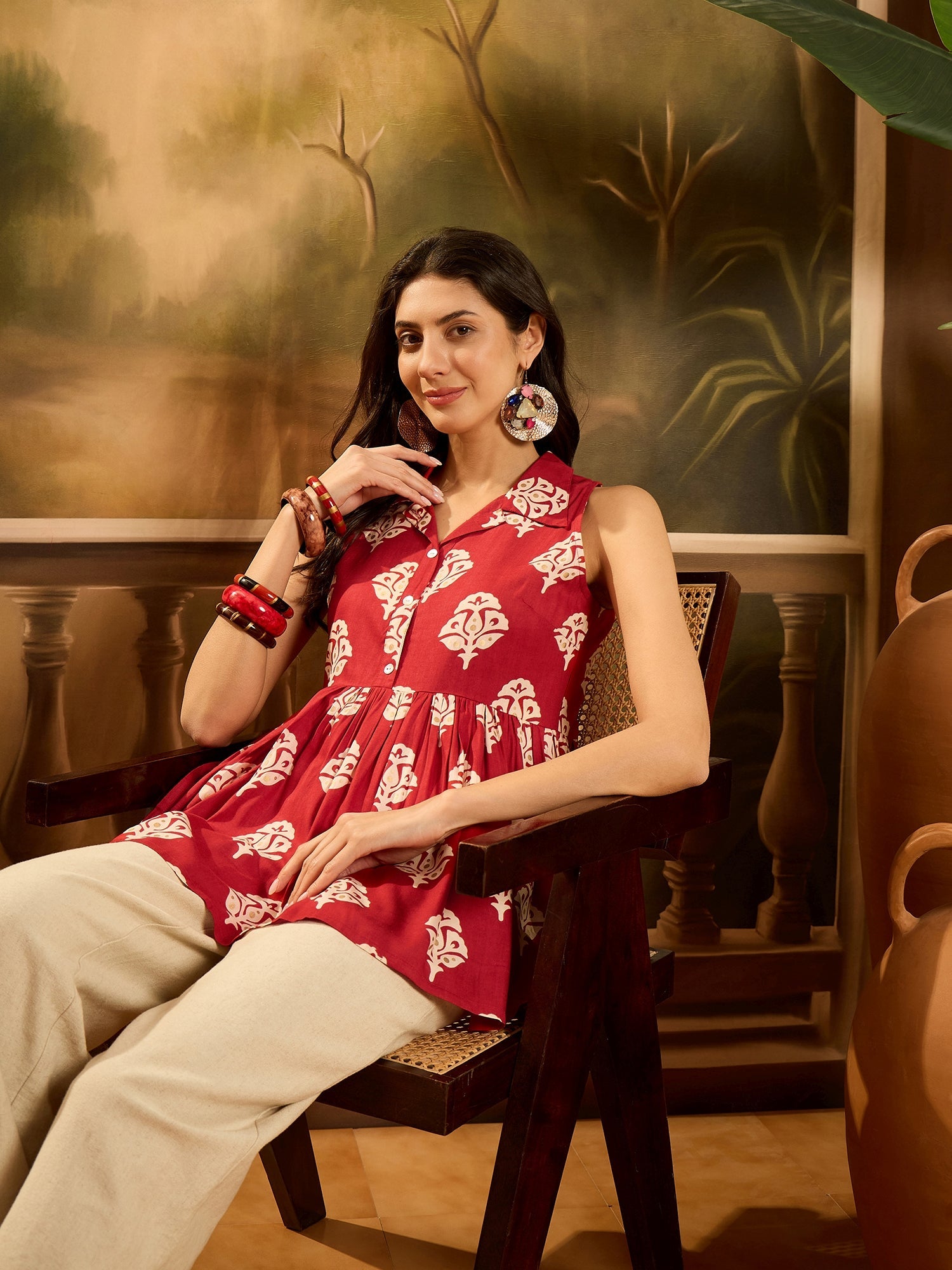 Women's Red Ethnic Printed Rayon Peplum Top (TOPREDLATTU) | DesiQlo