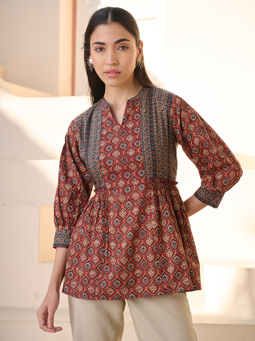 Women's Rust Ajrakh Printed Cotton Top (TOPRUSTNICO) | DesiQlo