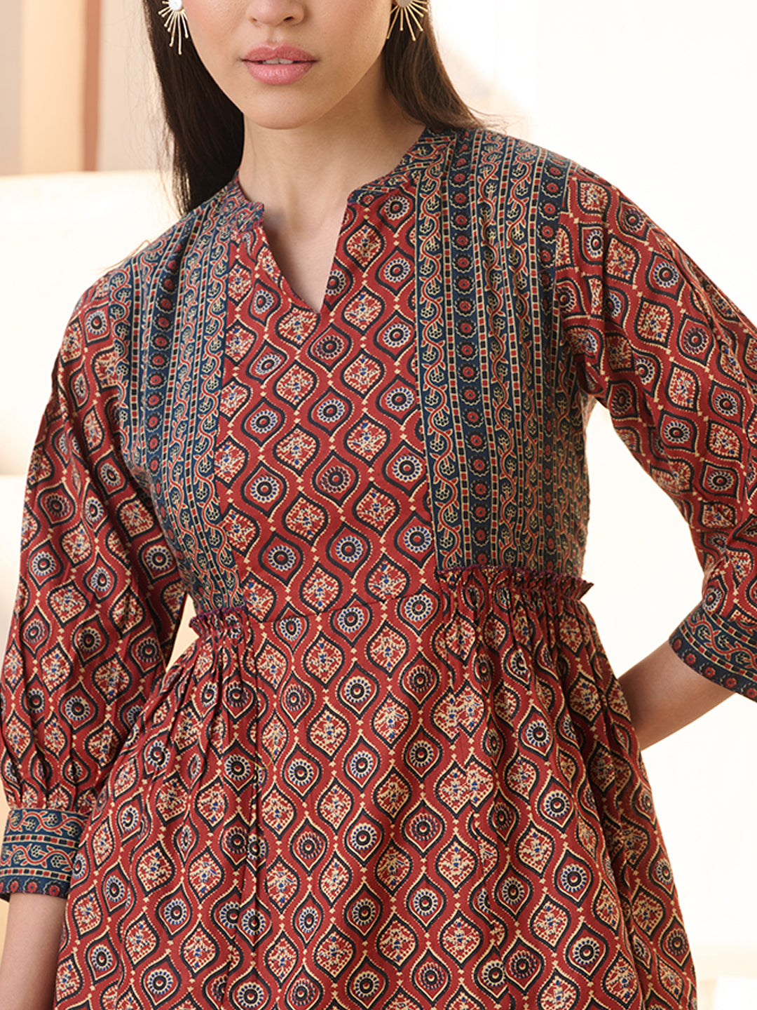 Women's Rust Ajrakh Printed Cotton Top (TOPRUSTNICO) | DesiQlo