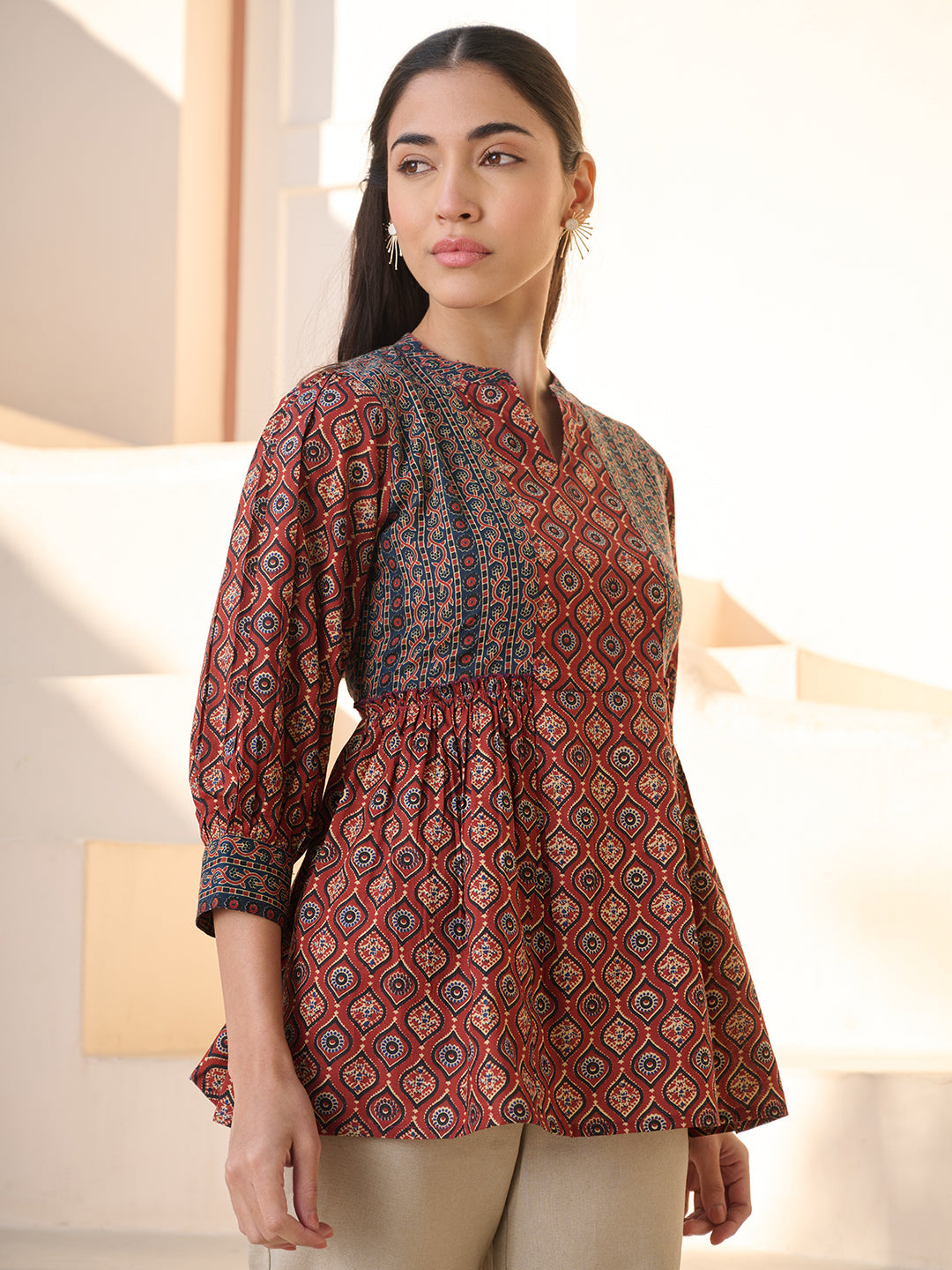 Women's Rust Ajrakh Printed Cotton Top (TOPRUSTNICO) | DesiQlo