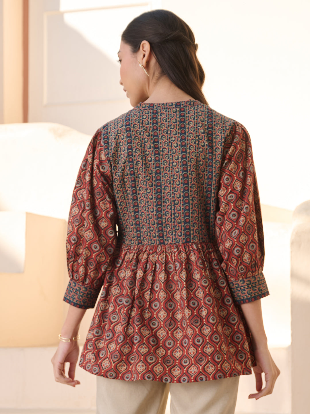 Women's Rust Ajrakh Printed Cotton Top (TOPRUSTNICO) | DesiQlo