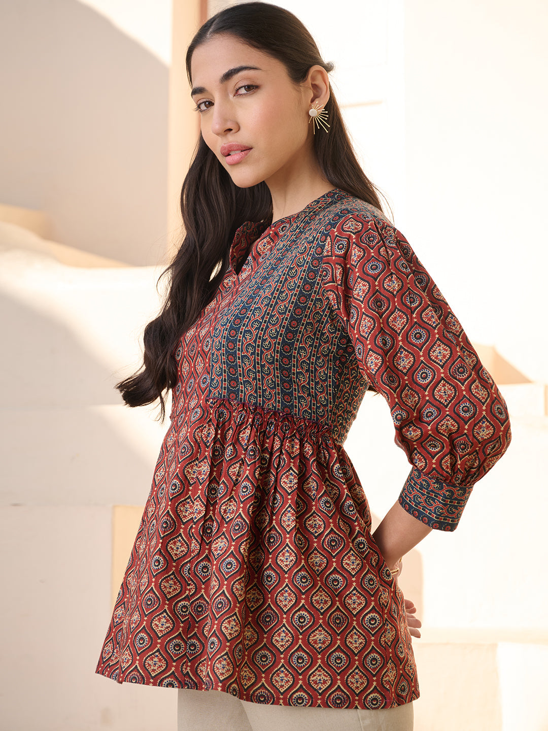 Women's Rust Ajrakh Printed Cotton Top (TOPRUSTNICO) | DesiQlo