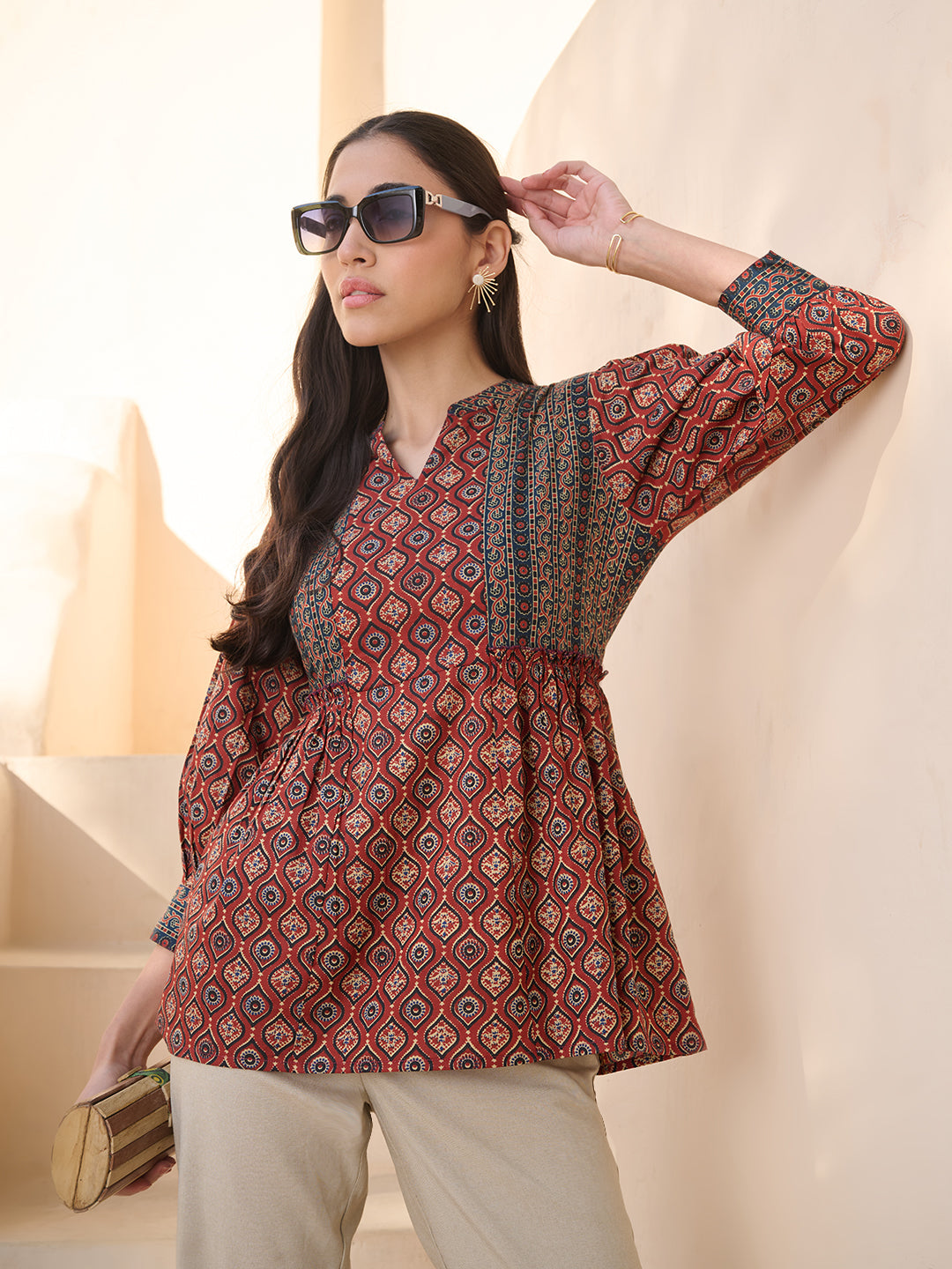 Women's Rust Ajrakh Printed Cotton Top (TOPRUSTNICO) | DesiQlo