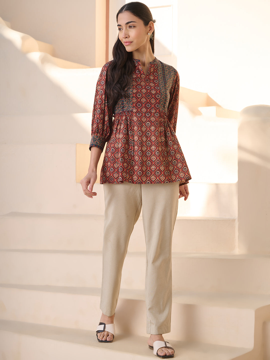 Women's Rust Ajrakh Printed Cotton Top (TOPRUSTNICO) | DesiQlo