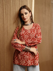 Stylum Women's Rust Floral Printed Cotton Straight Top (TOPRUSTSCAR)