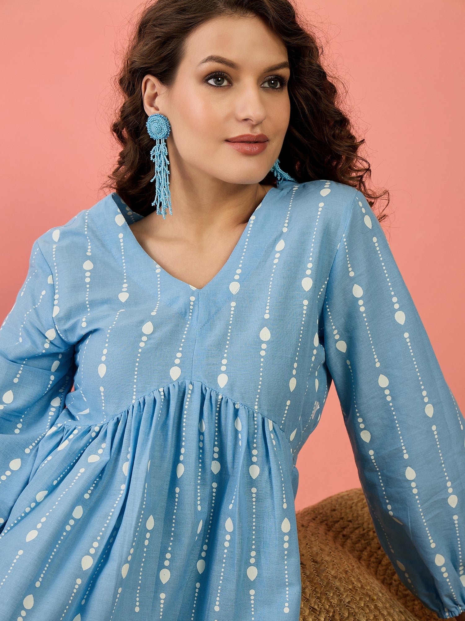 Women's Sky Blue Woven Design Cotton Top (TOPSKYHUDA) | DesiQlo