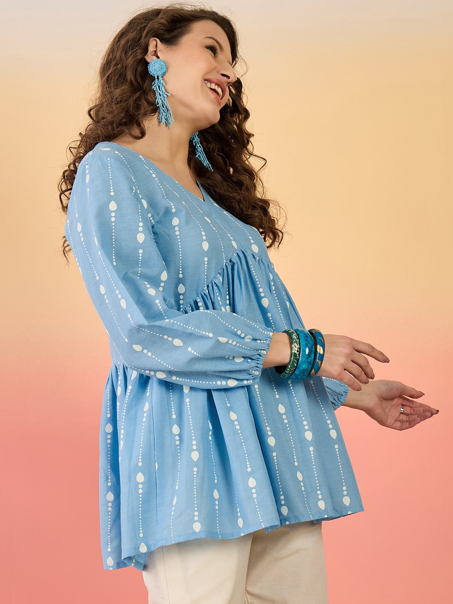 Women's Sky Blue Woven Design Cotton Top (TOPSKYHUDA) | DesiQlo