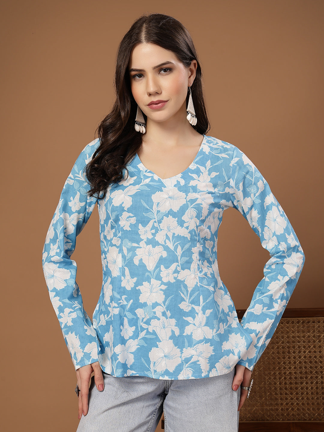 Women's Sky Blue Floral Printed Cotton Straight Top (TOPSKYSANTOOR) | 
