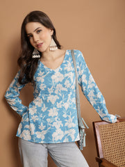Stylum Women's Sky Blue Floral Printed Cotton Straight Top (TOPSKYSANTOOR)