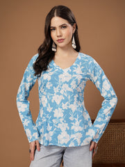 Stylum Women's Sky Blue Floral Printed Cotton Straight Top (TOPSKYSANTOOR)